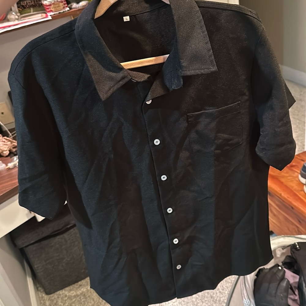 Black Button down T from Amazon. Size L